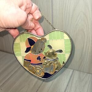 Vtg Heart-Shaped Stained Glass Bear & Bunny Sun Catcher Boho Kidcore